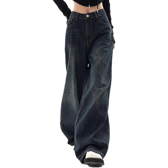 Women's Wide Leg Baggy Jeans High Waist Vintage 90s Y2K Casual - Picture 2 of 8